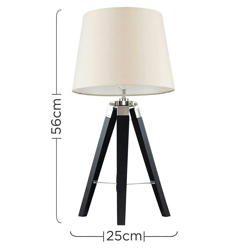 image 1 of ValueLights Clipper Black Wood and Silver Chrome Tripod Table Lamp with Beige Tapered Light Shade with 6w LED GLS Bulb