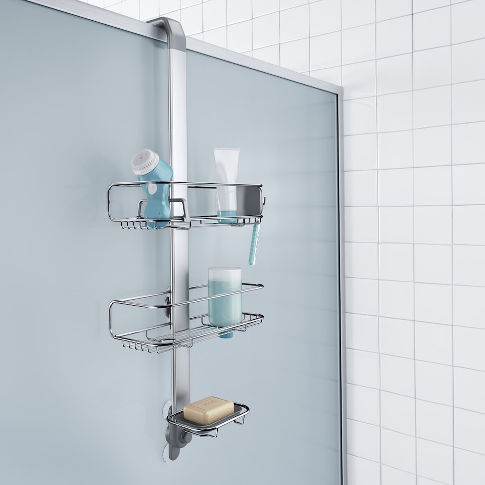 image 1 of Simplehuman Over Door Shower Caddy | Silver | Matt Stainless Steel + Anodised Aluminium | Overdoor | 1