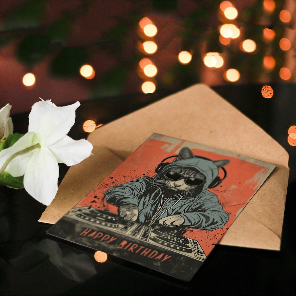 image 1 of DJ Cat with Hoodie and Sunglasses For Him Birthday Card