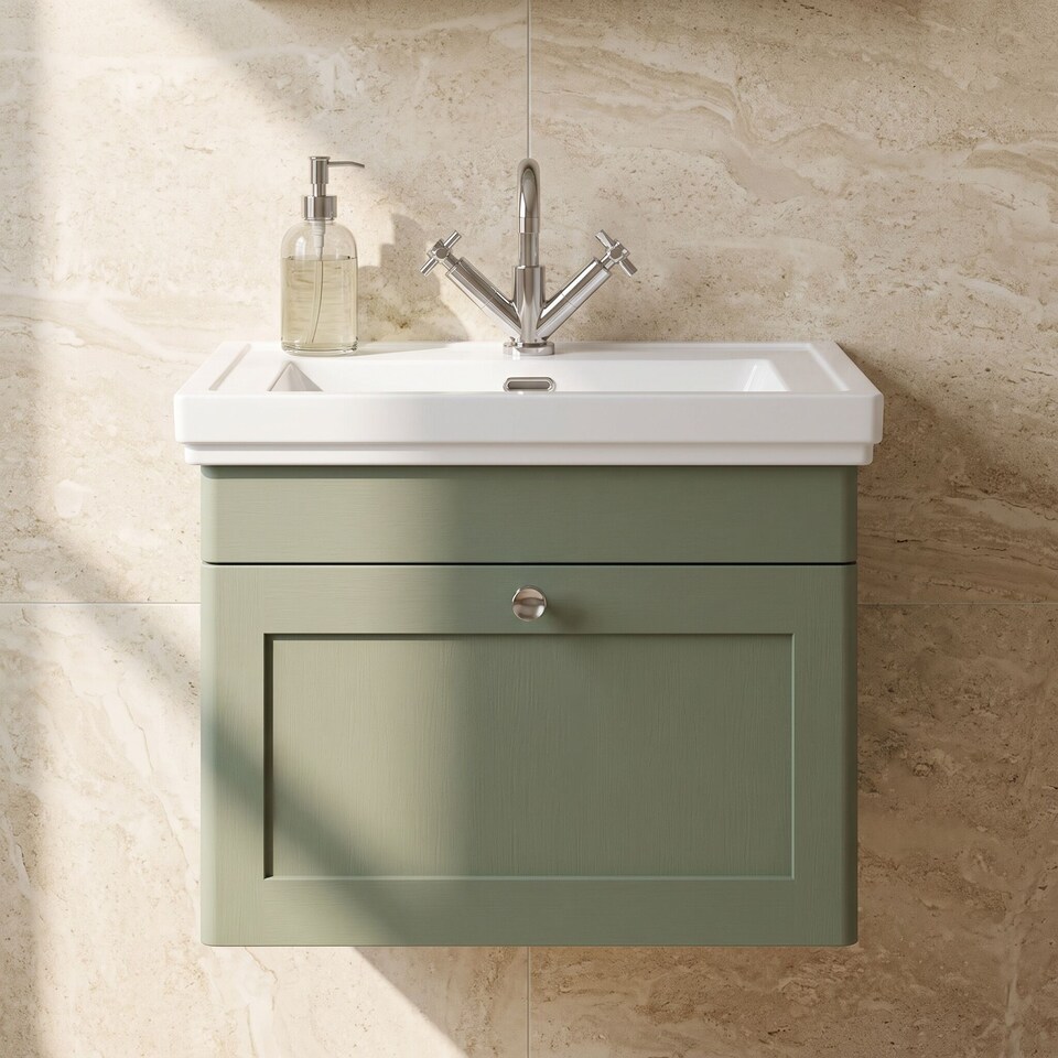 image 1 of Balterley Classic Traditional Bathroom Wall Hung 1-Drawer Vanity Unit & Fireclay Basin | Green | Satin Green