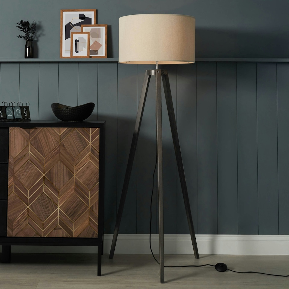 image 1 of BHS Keeley Wooden Tripod Floor Lamp | Brown | Dark Walnut | 1