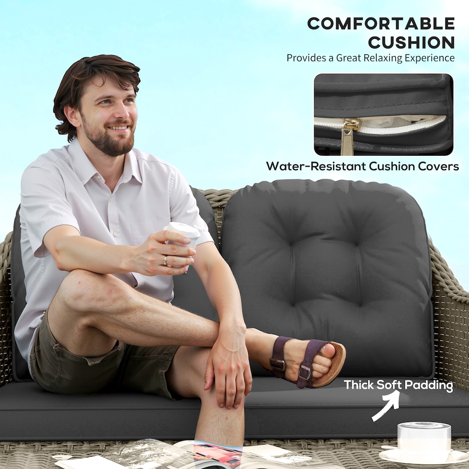 image 1 of Outsunny 4 Pieces Outdoor PE Rattan Garden Furniture with Cushions, Patio Special Hand Weave Wicker Conservatory Sofa Set with Glass Top Coffee Table, Light Grey | Grey | Four Seater