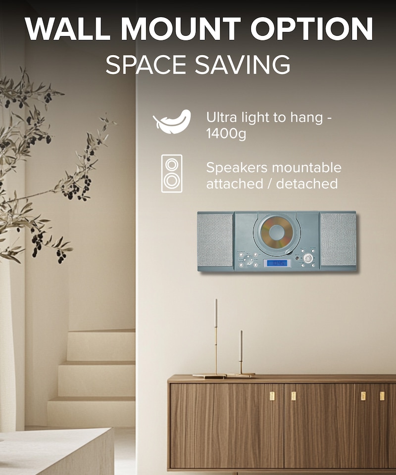 image 1 of CD Player with Speakers - HiFi System for Home with Radio, USB, MP3, Clock Alarm & Remote - Compact Stereo System with Wall Mount Design - Small CD Players for Home - GTMC-101