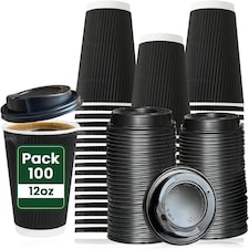 ECONX 100pcs 12oz Black Disposable Coffee Cups With Lid Triple Layer Paper Cups