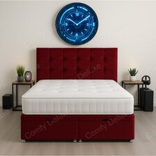 Maroon Milo Plush Velvet End Lift Ottoman Divan Bed Set 4ft6 Double with Headboard & Mattress