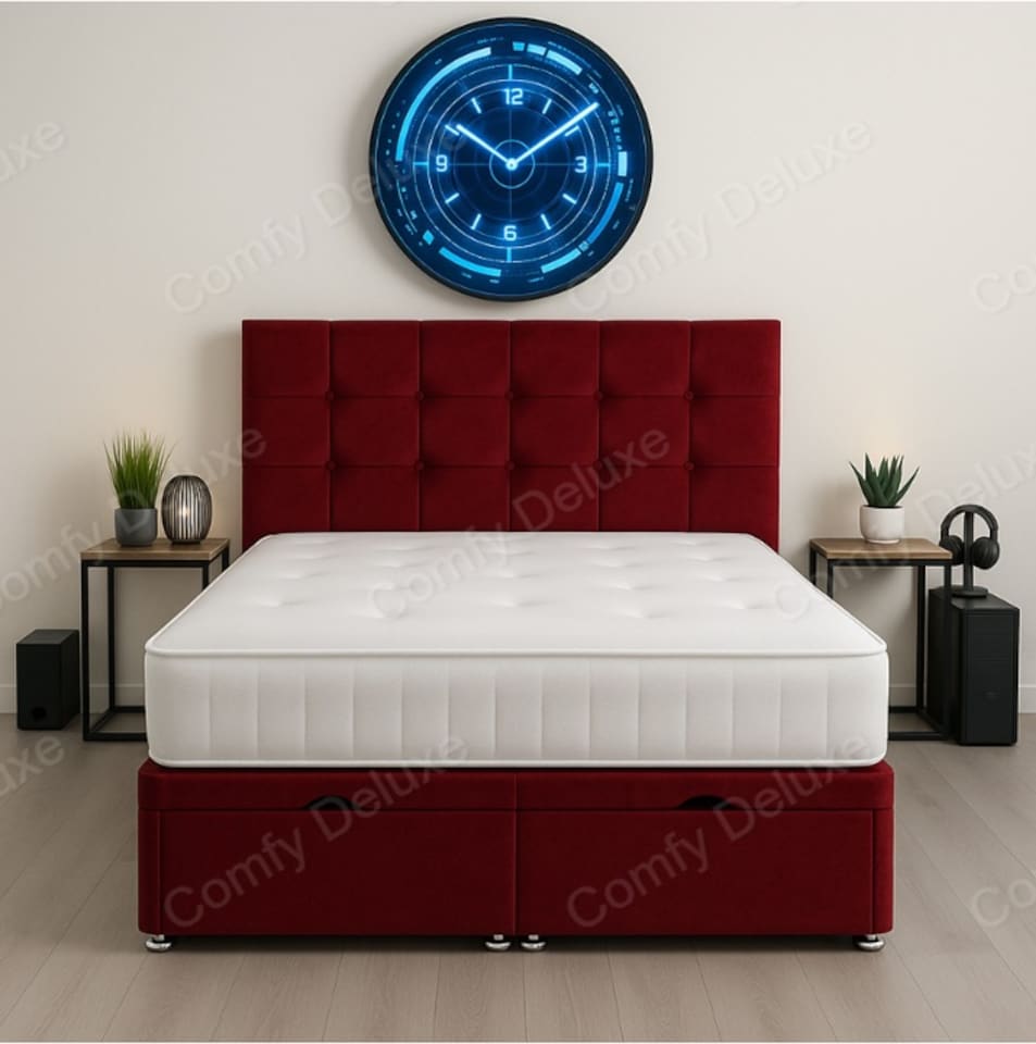 image 1 of Maroon Milo Plush Velvet End Lift Ottoman Divan Bed Set 4ft6 Double with Headboard & Mattress