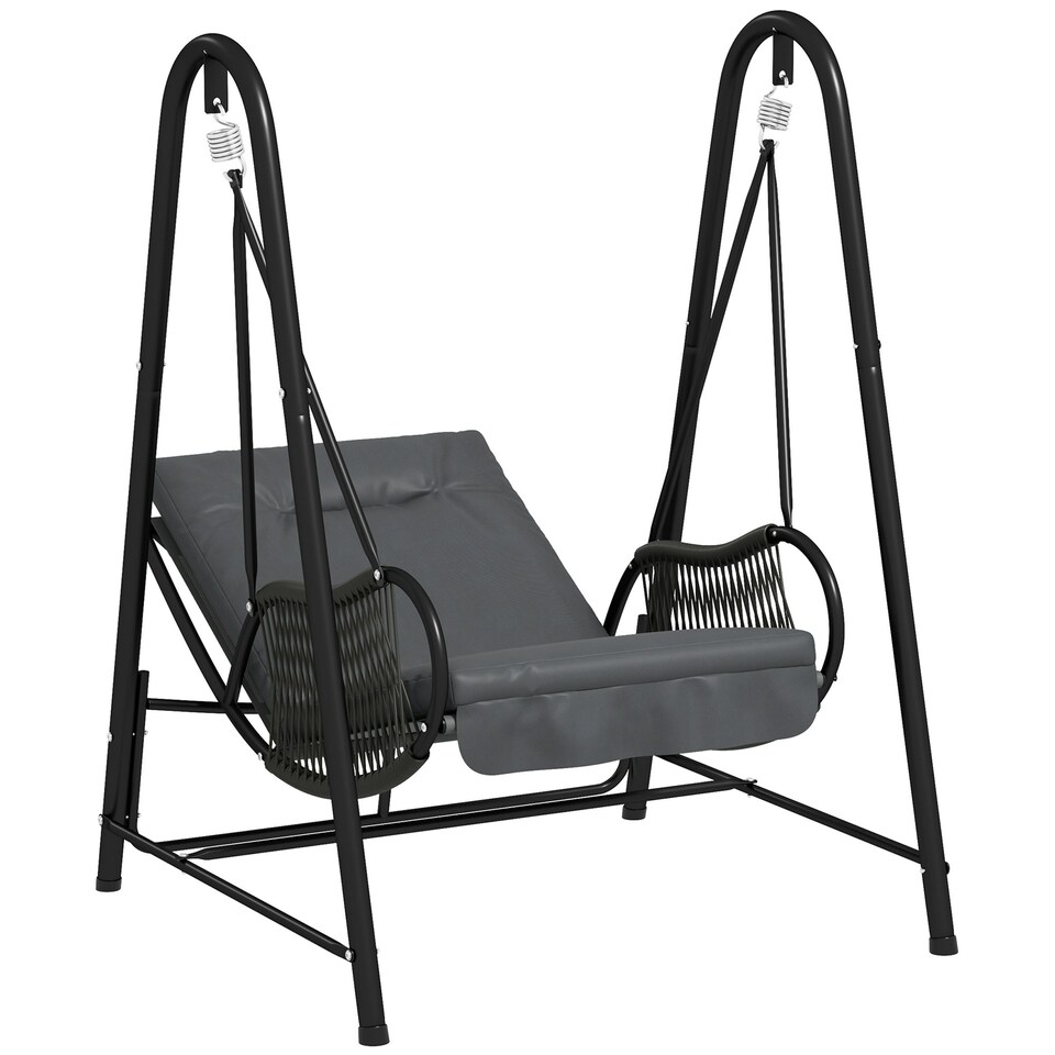 image 1 of Outsunny Rattan Swing Chair with Stand and Seat Cushion Grey | Light Grey