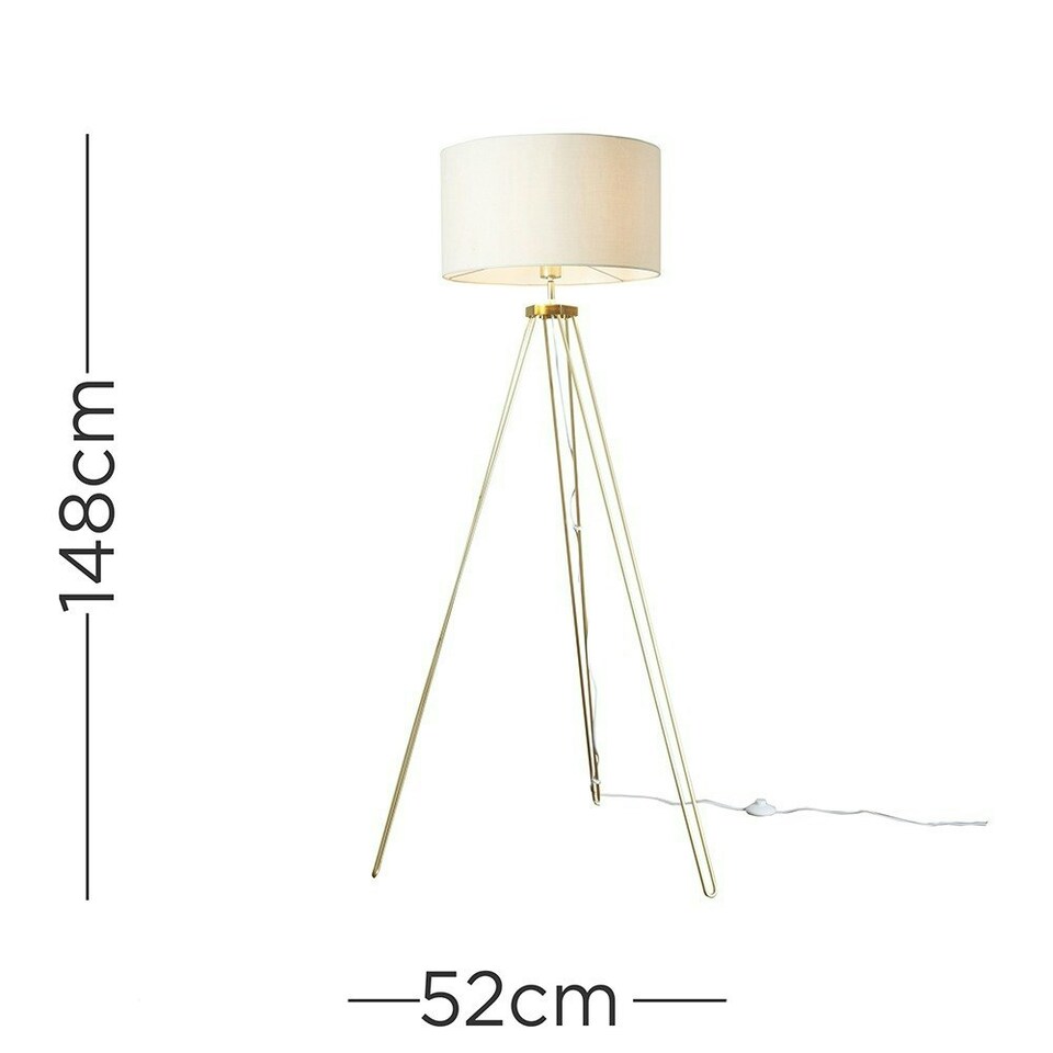 image 1 of ValueLights Aero Polished Gold Floor Lamp with Large Natural Drum Shade and LED Bulb