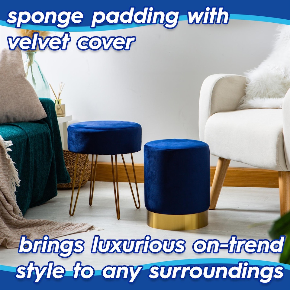 image 1 of Harbour Housewares Round Velvet Pouffe - 29 x 36cm - Blue | Blue | Blue