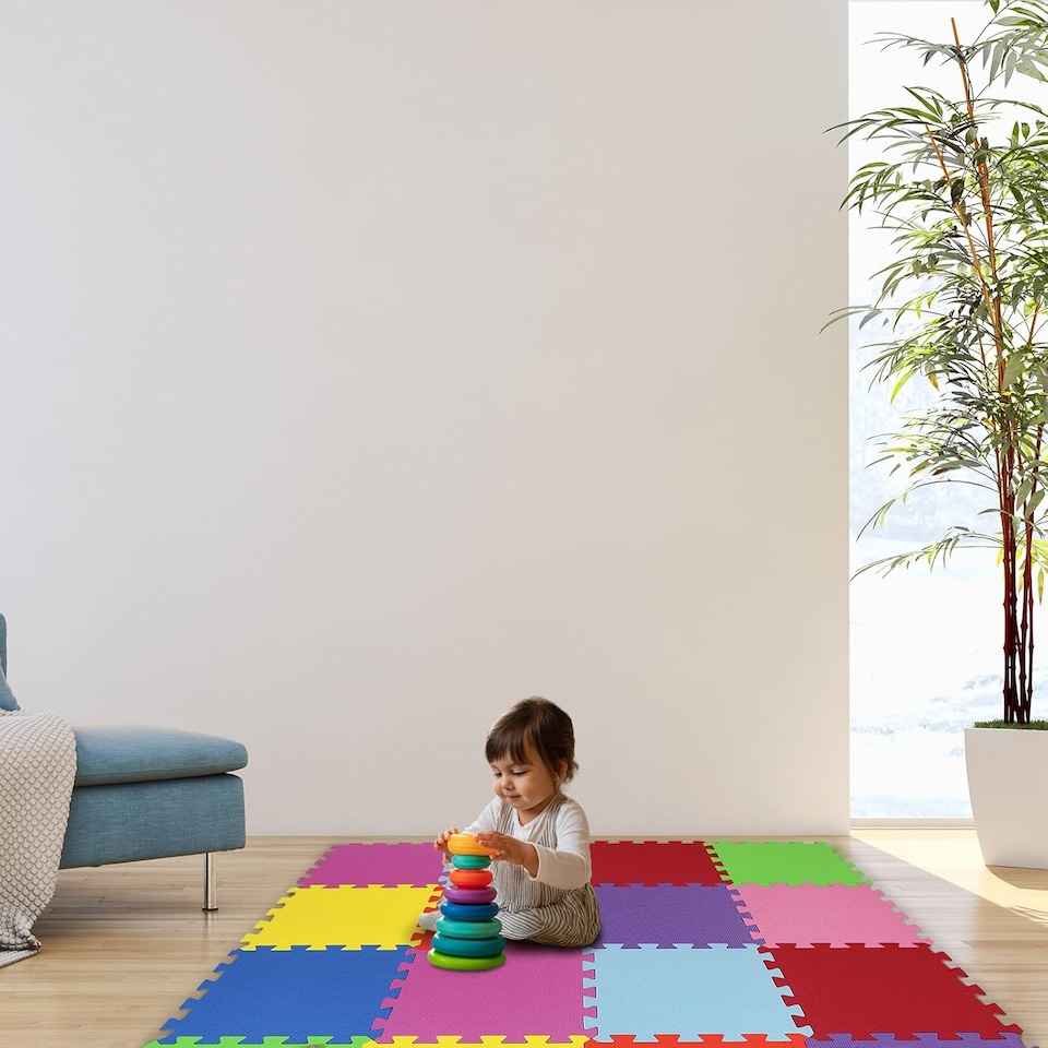image 1 of Actiasmat - Interlocking Play Mats | 18 Multi-Coloured EVA Foam Tiles | 31.5 x 31.5cm | Soft, Safe, Non-Toxic Baby & Toddler Flooring.