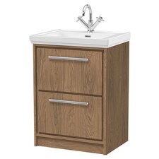 Balterley Longnor 2 Drawer Floor Standing Vanity Unit with 1 Tap Hole Traditional Fireclay Basin, Antique Oak, 600mm