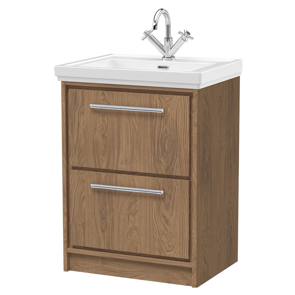 image 1 of Balterley Longnor 2 Drawer Floor Standing Vanity Unit with 1 Tap Hole Traditional Fireclay Basin, Antique Oak, 600mm