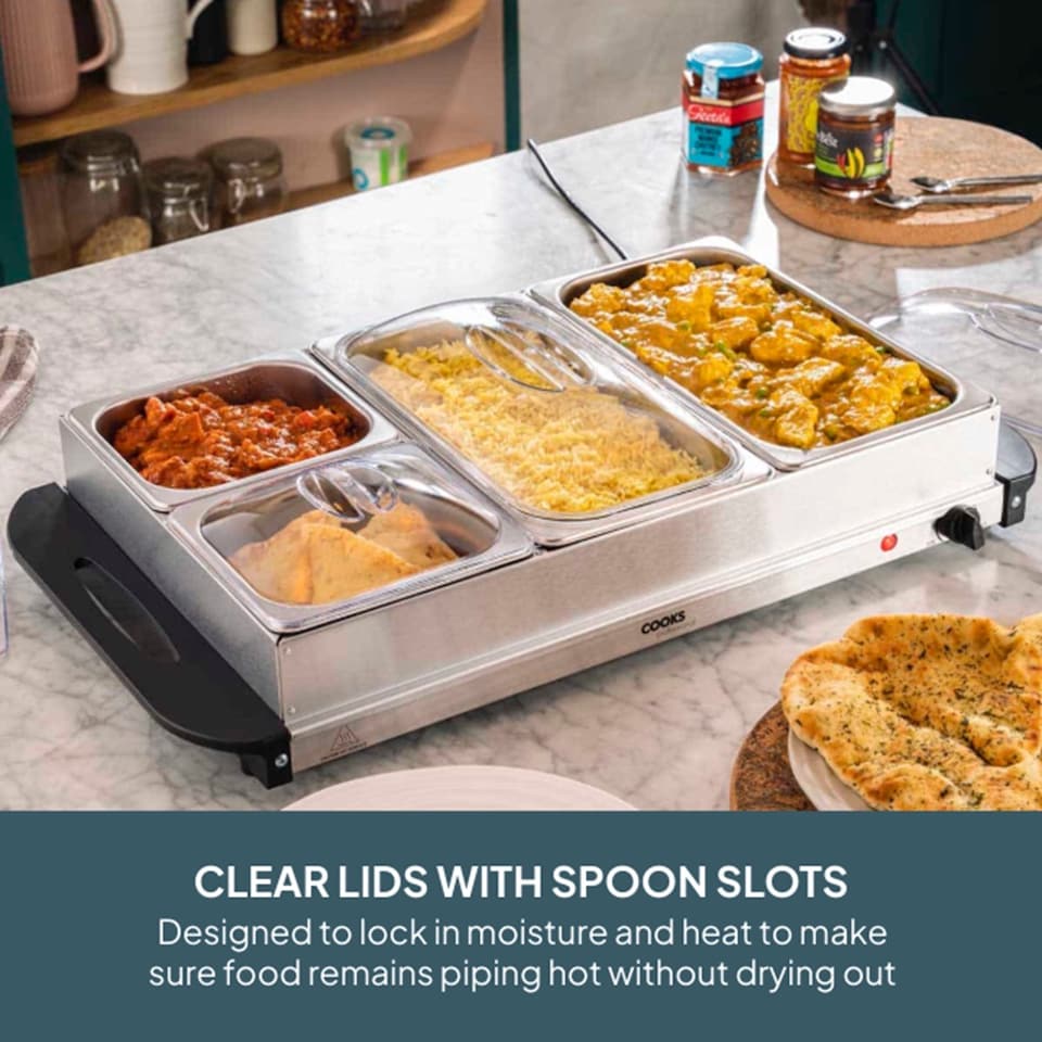 image 1 of Cooks Professional 4-Section Buffet Warmer 7.2L with Hotplate Function | Silver | Silver