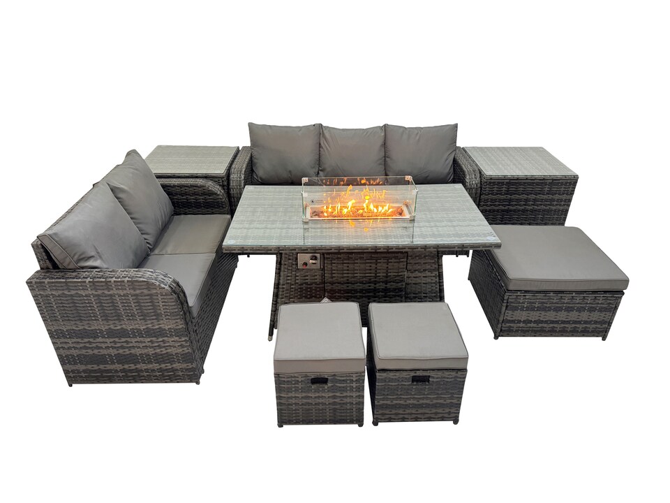 image 1 of Fimous Garden Outdoor Rattan Furniture Set Rattan Love Sofa 3 Seater Sofa with 2 Side Tables 3 Footstools Dark Grey Mixed