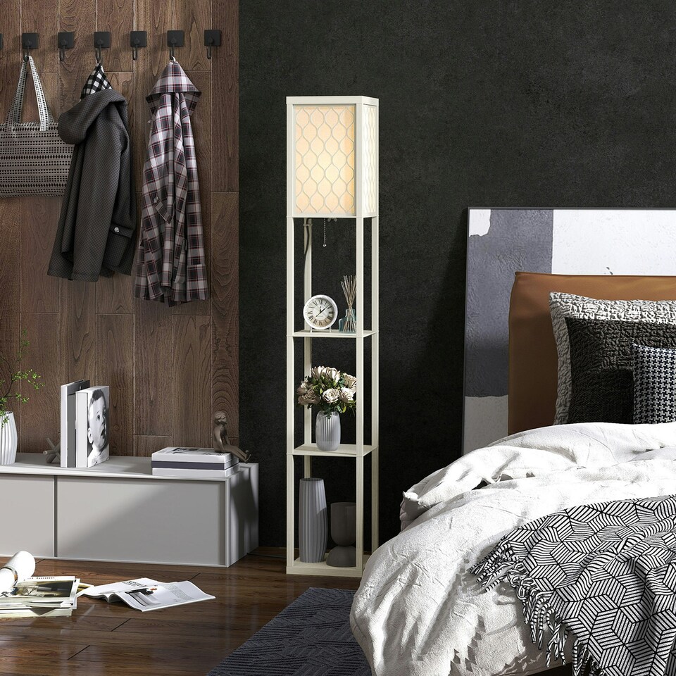 image 1 of HOMCOM Modern Floor Lamp Light with 3 Shelves Fabric Lampshade Oak Yellow