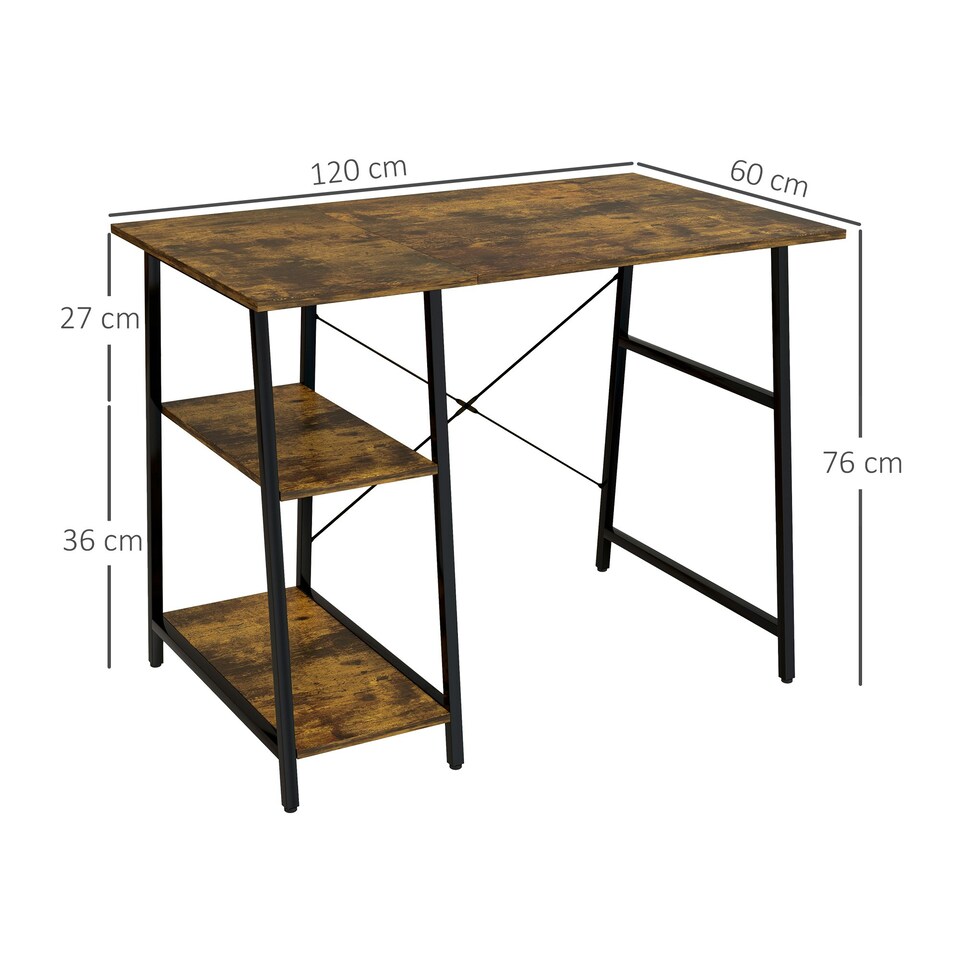 image 1 of HOMCOM 120cm Computer Table with Shelves and Steel Frame, Rustic Brown | Brown | Black | 120W x 60D x 76H cm