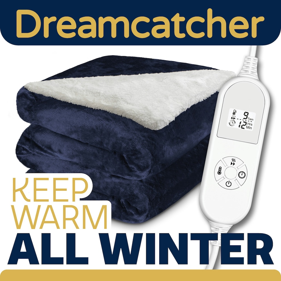 image 1 of Dreamcatcher Navy Blue Soft Microfleece & Sherpa Electric Blanket Heated Throw 160x120cm | Blue | Blue | One Size | 1