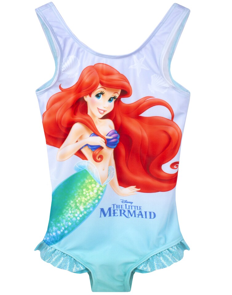 image 1 of Disney Girls Swimsuit The Little Mermaid & Hooded Towel Poncho | Kids Ariel, Sebastian & Flounder Towelling Robe | Childrens Swimming Costume