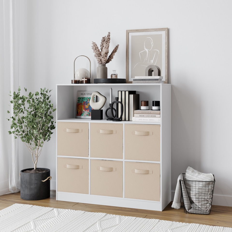 image 1 of Wide 7-Cube Bookcase With Drawers | White | White & Beige | 1