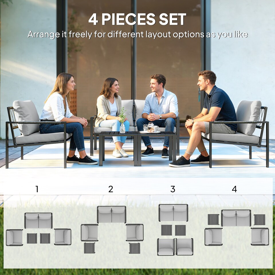 image 1 of Outsunny 5 Piece Metal Garden Furniture Sofa Set with Cushions, Light Grey | Grey | Light Grey