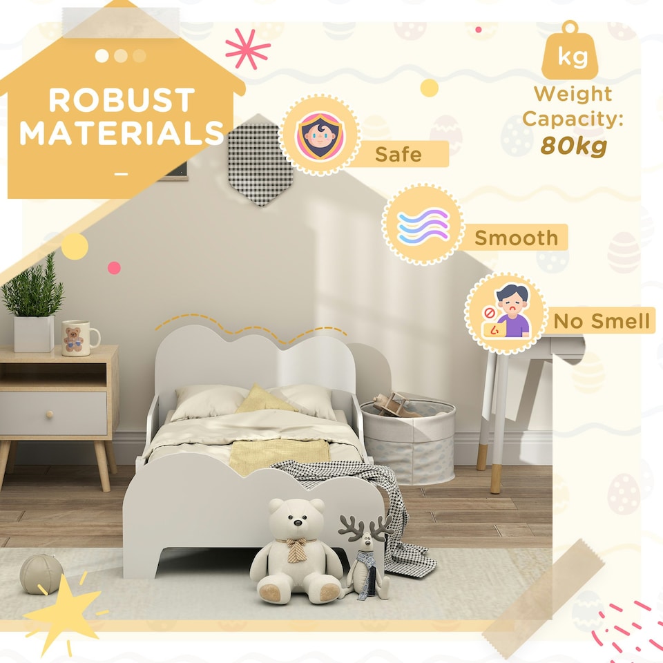 image 1 of AIYAPLAY Cloud-Themed Toddler Bed with Safety Rails, 143.5 x 74.5 x 56cm