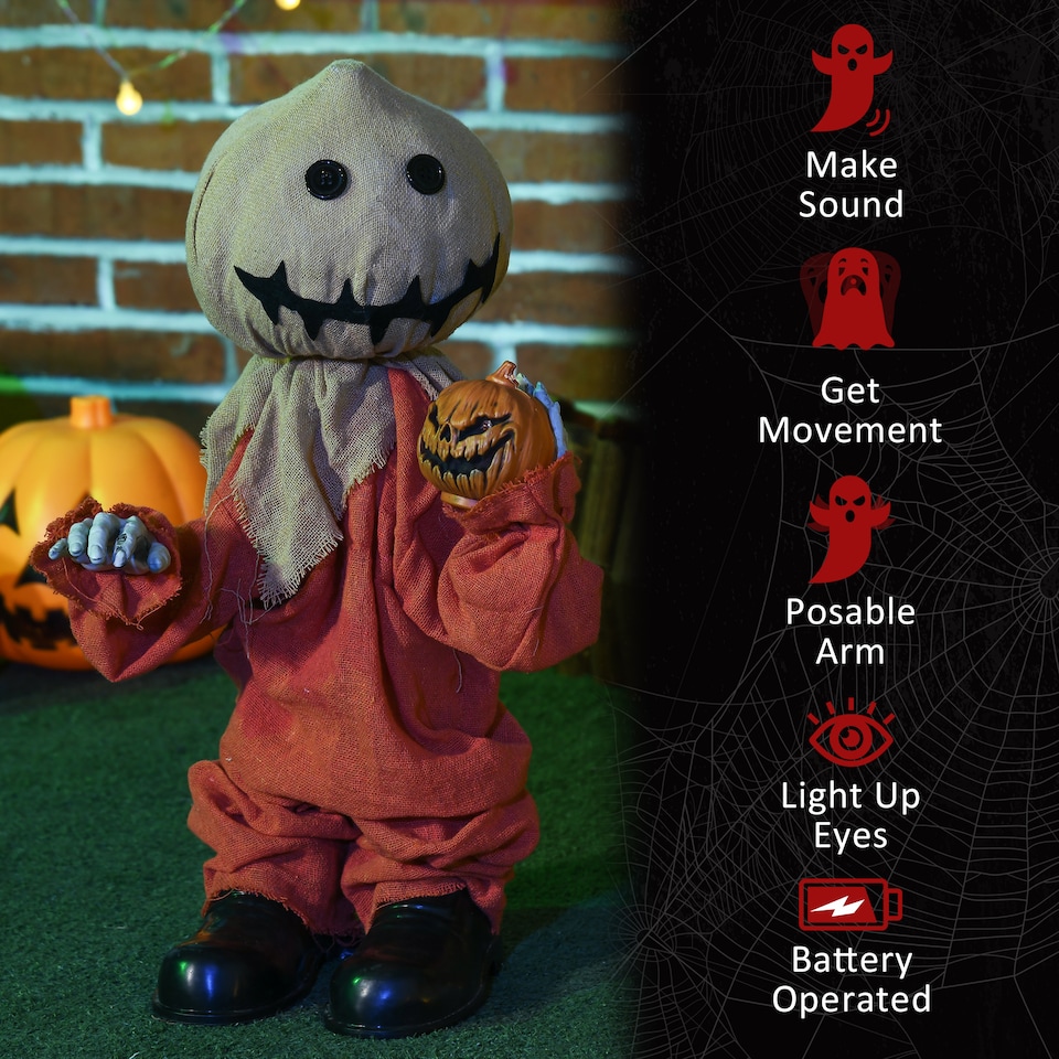 image 1 of HOMCOM 77cm Outdoor Halloween Decoration Scarecrow, Standing Scarecrow Prop Life Size with Sound and Motion Activated, Light Up Eyes, Howling Sound, Posable Arms, Moving Hands