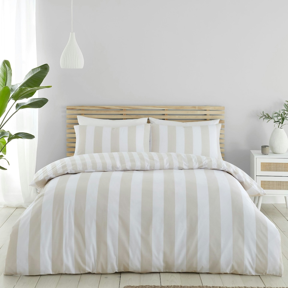 image 1 of Catherine Lansfield Cove Stripe Reversible Single Duvet Cover Set Natural