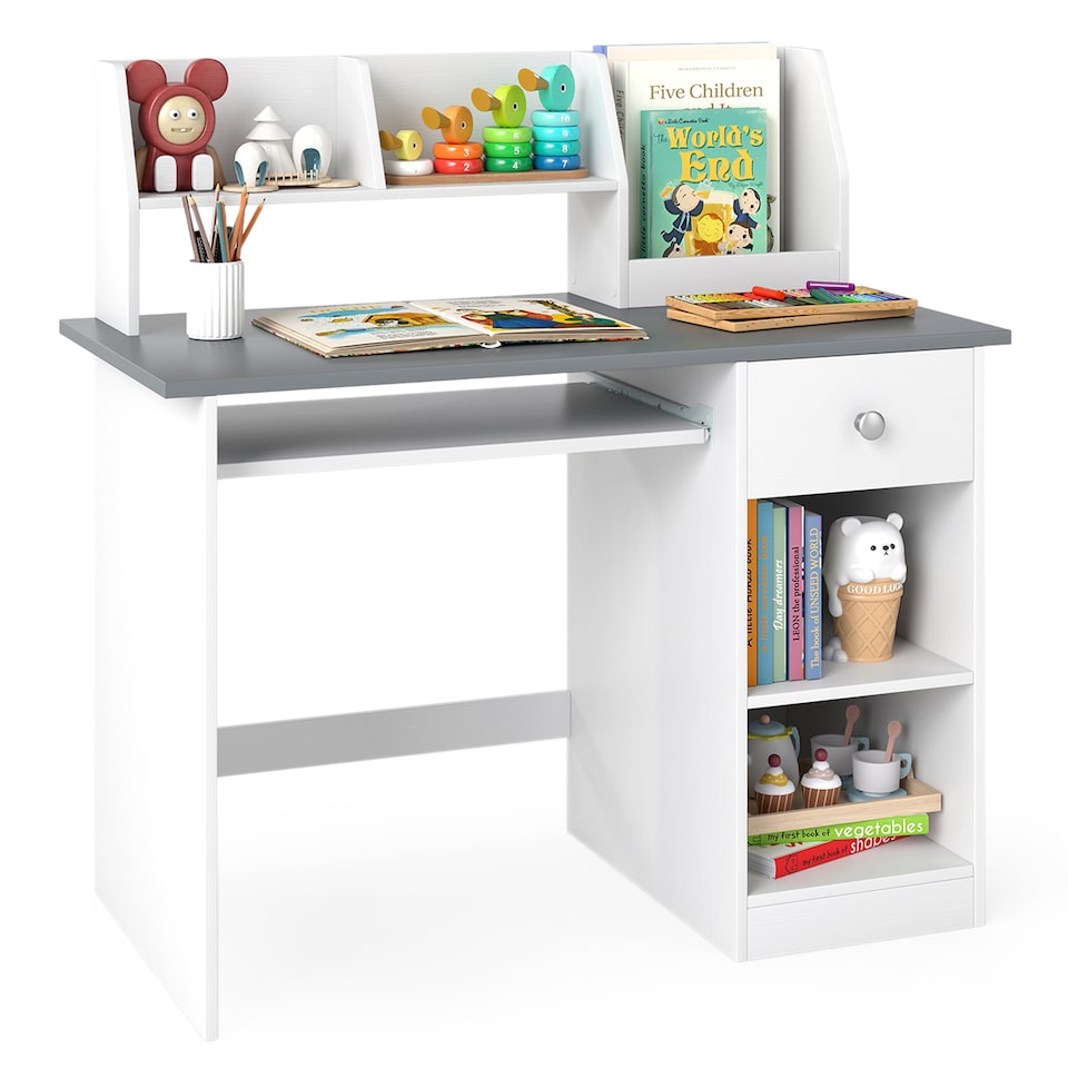 image 1 of COSTWAY Kids Study Desk Wooden Writing Table with Keyboard Tray & Drawer-Grey