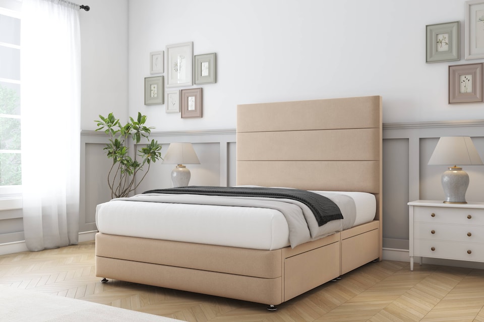 image 1 of Sloomy Monaco Pebble Plush Divan Bed Base No Drawers With 54 Inch Floor Standing Headboard & 12 Inch Matching Footboard | Brown | Pebble | King | 1