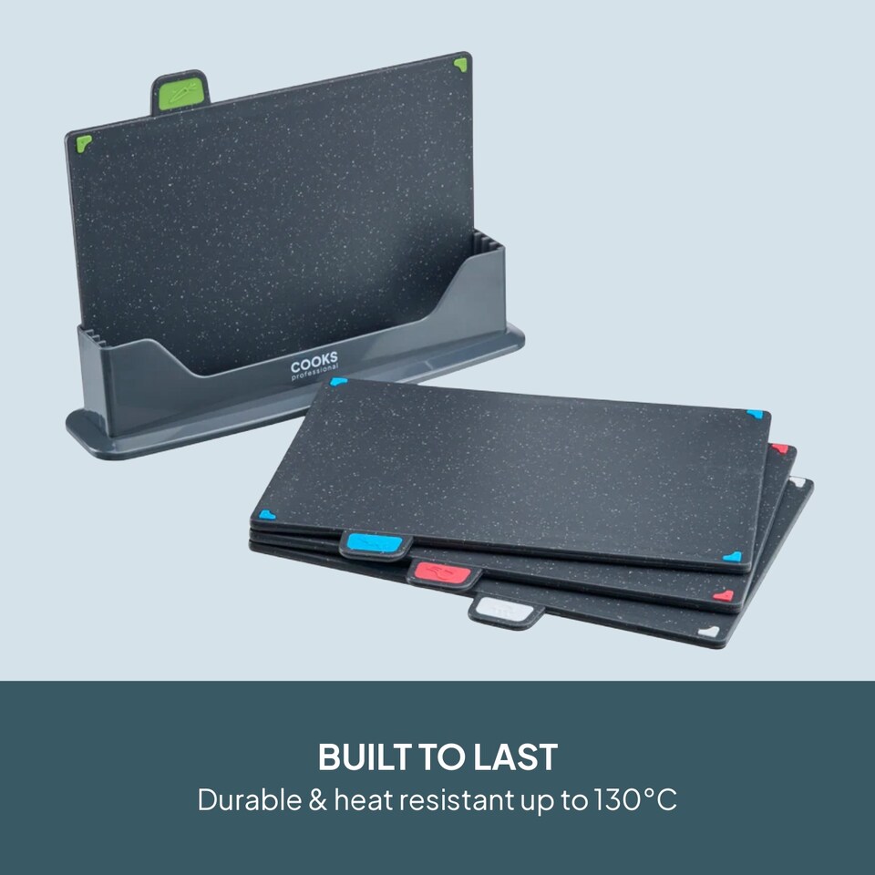 image 1 of Cooks Professional Set of 4 Index Chopping Boards with Stand & Coloured Tabs