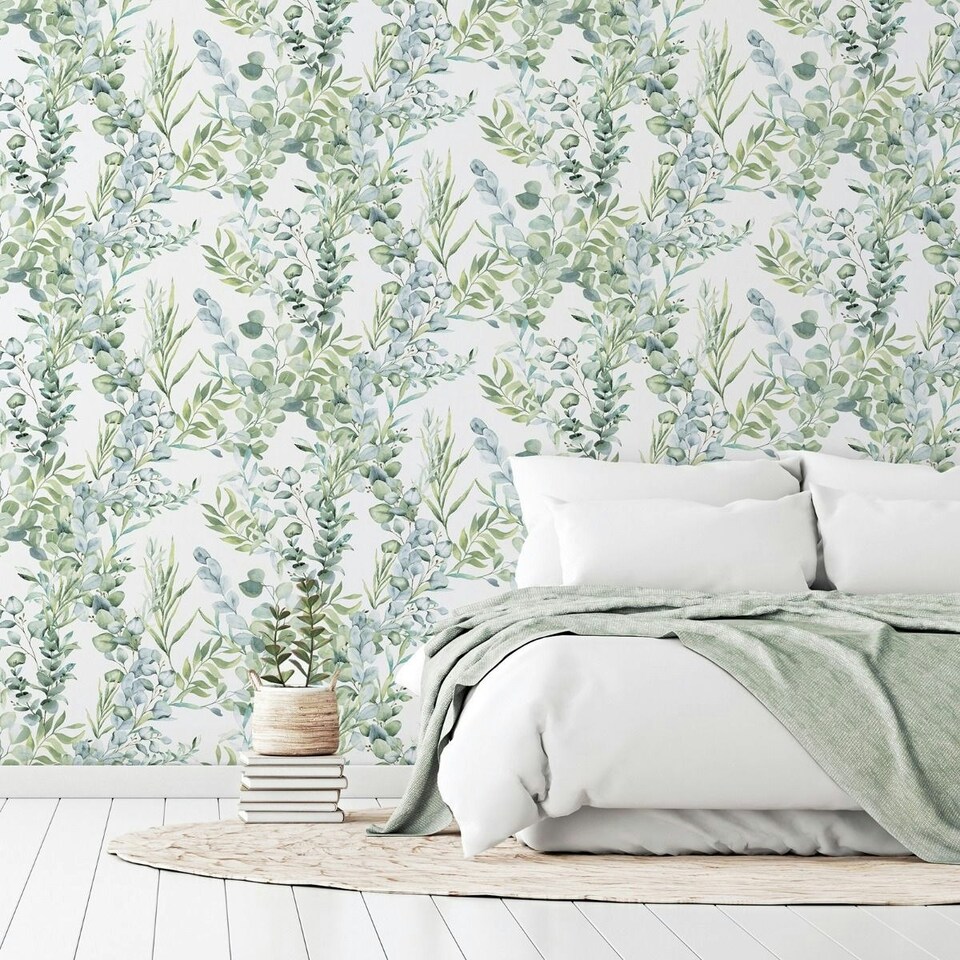 image 1 of Arthouse Tranquil Leaf Vinyl Textured Wallpaper - Green/White - 10m x 53cm Green