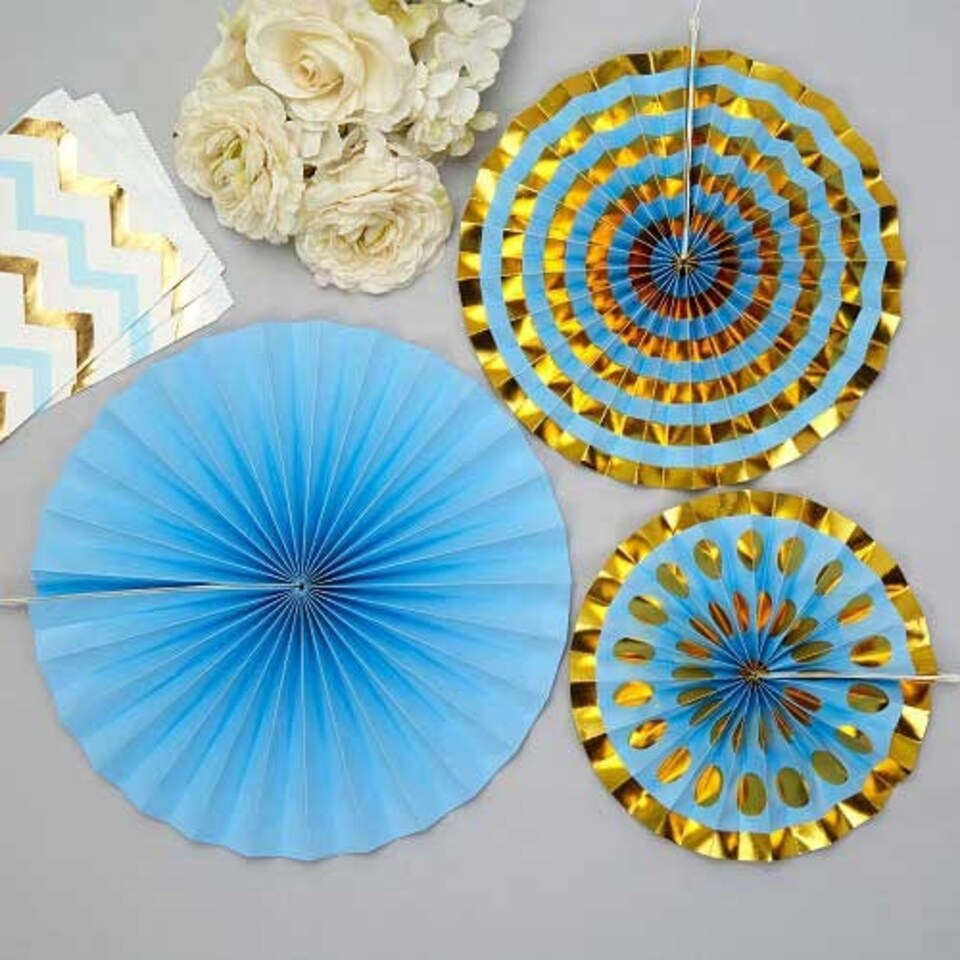 image 1 of Blue & Gold Pinwheel Fan Hanging Decorations - Pack of 3