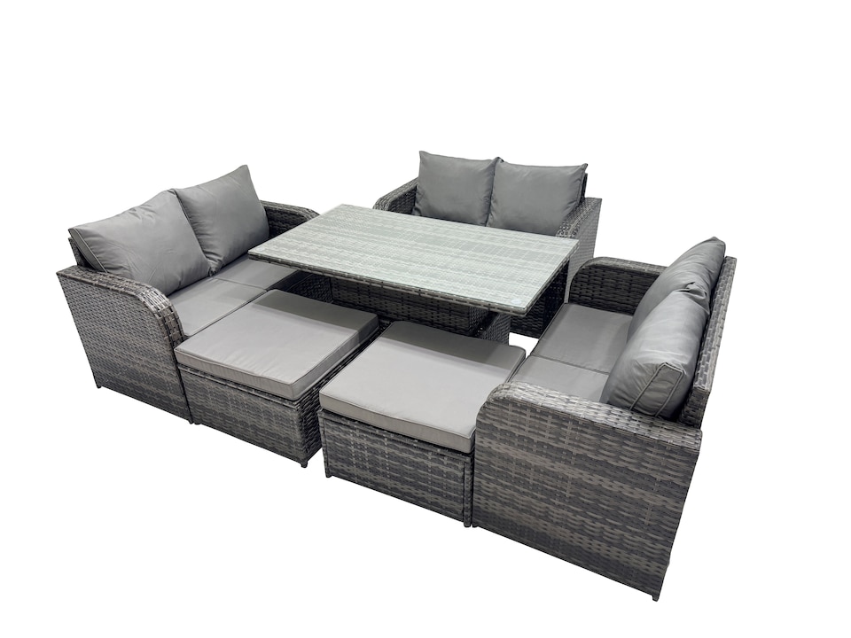image 1 of Fimous 8-seater Patio Height Adjustable Rising Lifting Table Sofa Sets Rattan Garden Furniture Dining Set with 2 Big Stools Dark Grey Mixed