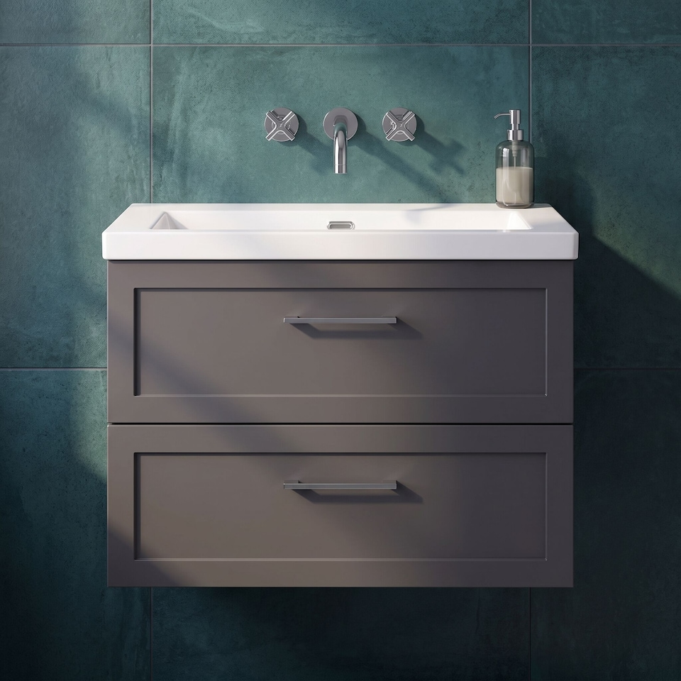 image 1 of Balterley Stonnall Traditional Wall Hung 2 Drawers Vanity Unit with 0 Tap Hole Fireclay Basin, 800mm, Dark Grey