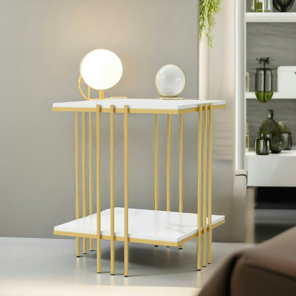 image 1 of 2 Tier Square Faux Marble Side Table Gold Gold