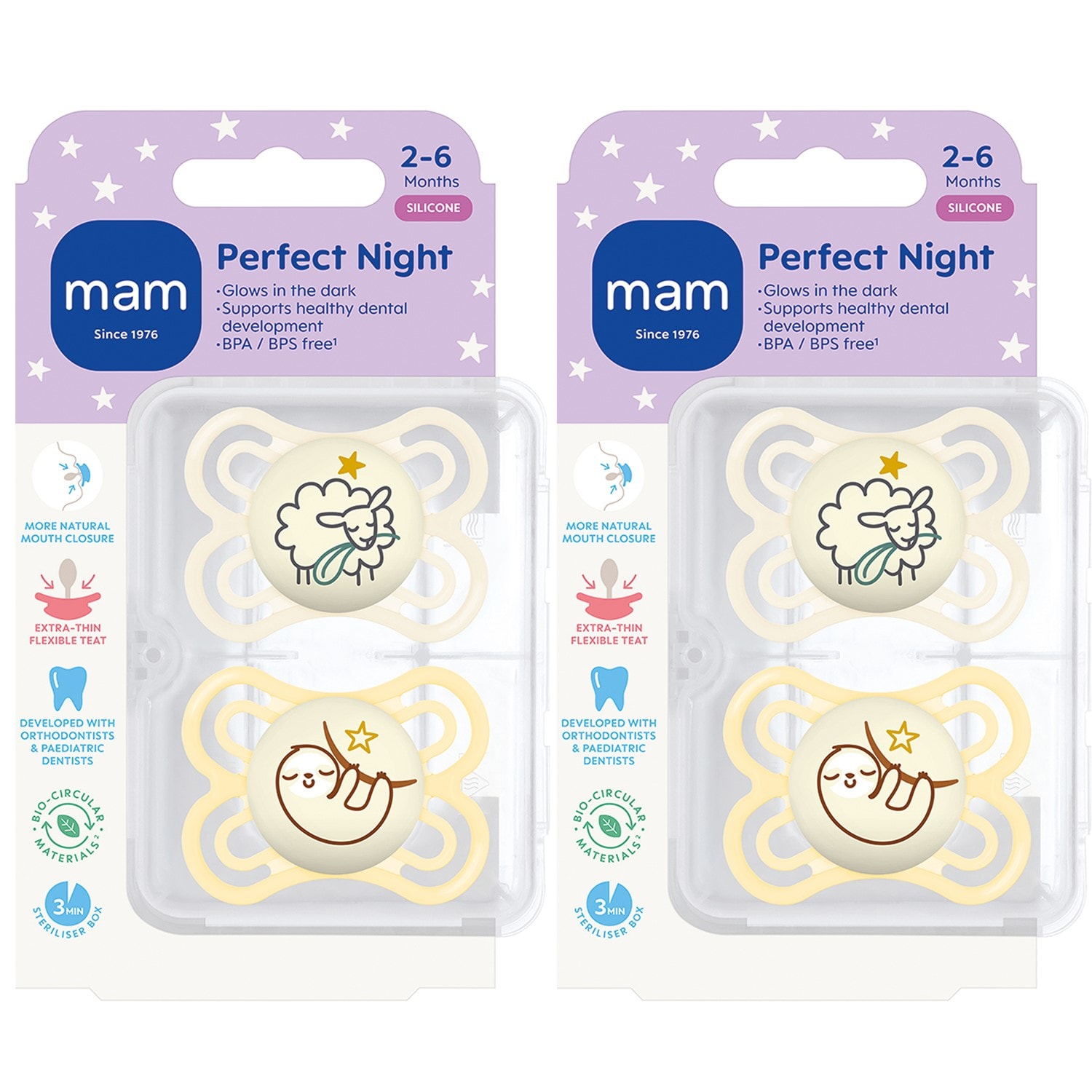 2 x MAM Perfect Night Baby Soother Dummies 2-6 Months Silicone Pack of 2 Unisex | Multi
