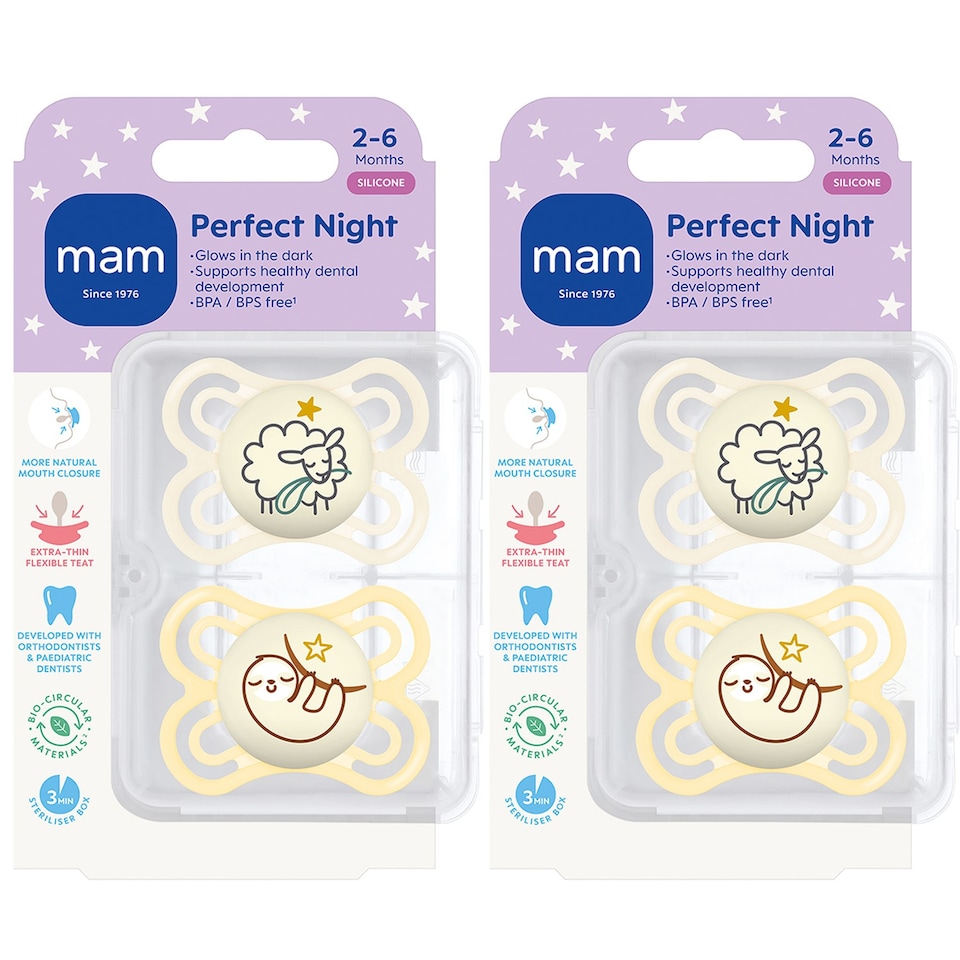 image 1 of 2 x MAM Perfect Night Baby Soother Dummies 2-6 Months Silicone Pack of 2 Unisex | Multi