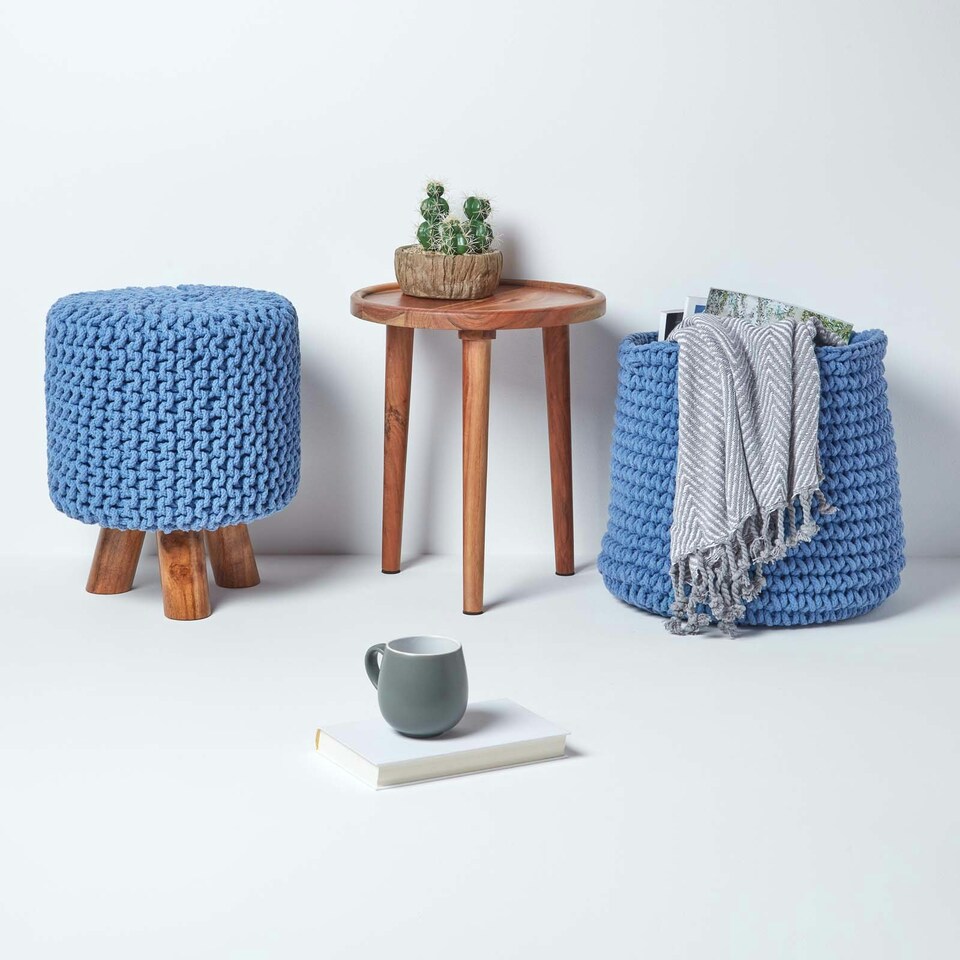 image 1 of Homescapes Blue Tall Cotton Knitted Footstool on Legs