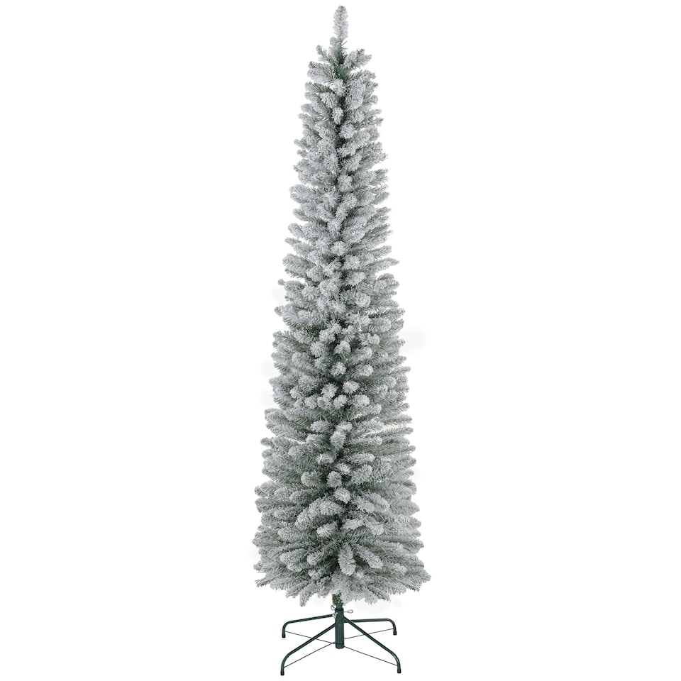 image 1 of HOMCOM 7ft Artificial Pencil Christmas Tree with 405 Snow Flocked Branches, Metal Base, Realistic mas Tree, White