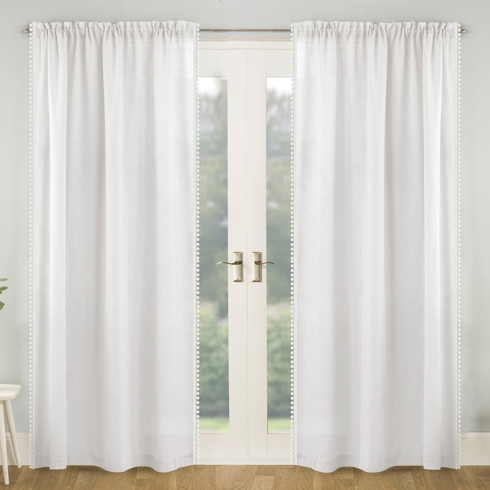 image 1 of Pair of Tahiti White Pom-Pom Trim Linen Look Voile Panels with Rod Pocket Header 183 CMS
