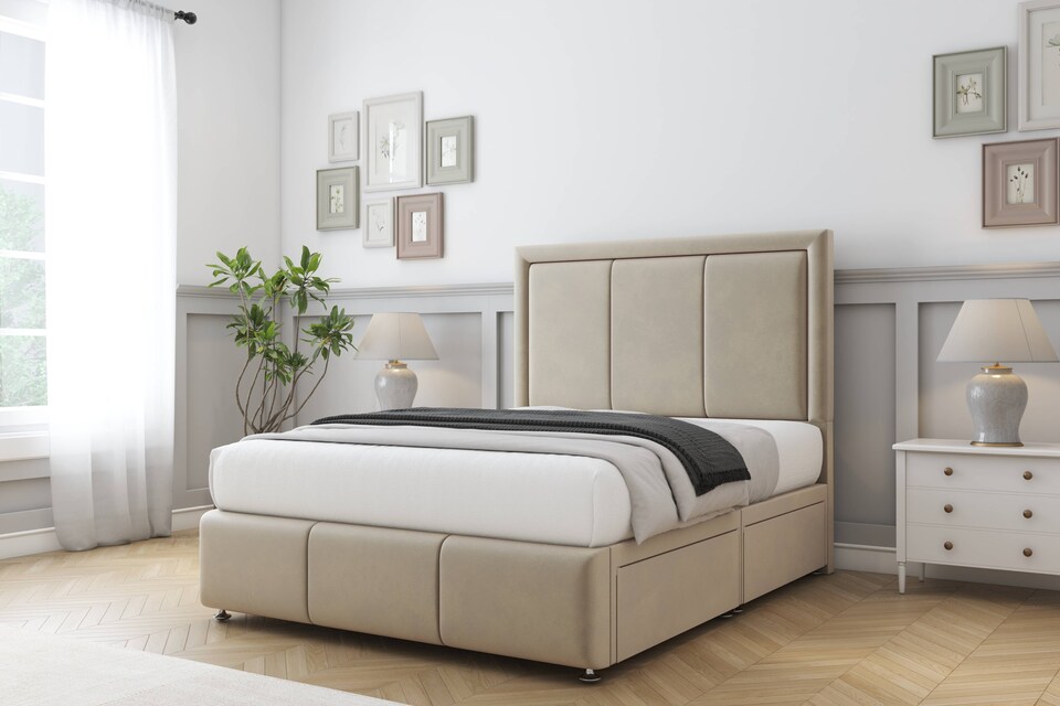 image 1 of Sloomy Lancaster Almond Coniston Divan Bed Base No Drawers With 26 Inch Strutted Headboard & 12 Inch Matching Footboard | Cream | Almond | King | 1