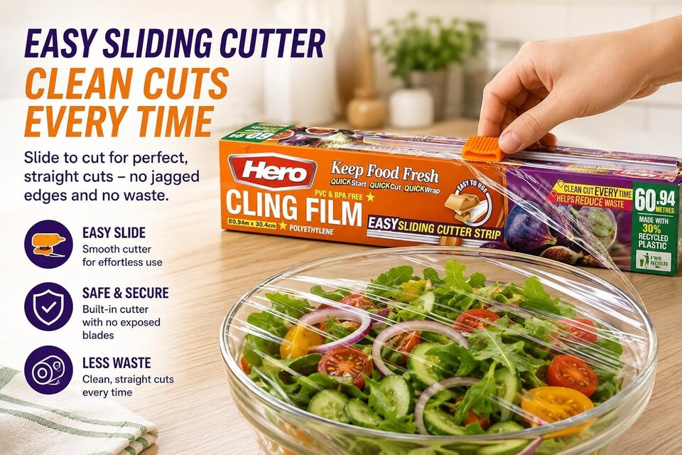 image 1 of Hero Cling Film 60m x 30cm with Easy Sliding Cutter – Kitchen & Catering Cling Film Dispenser | PVC & BPA Free Food Wrap
