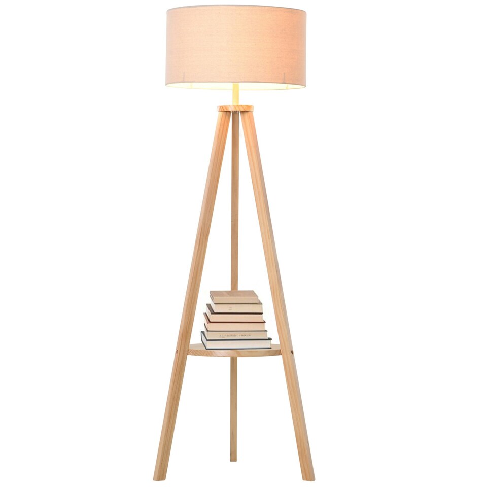 image 1 of HOMCOM Floor Lamp Bedside Light Free Standing Tripod Holder Storage Shelf Linen