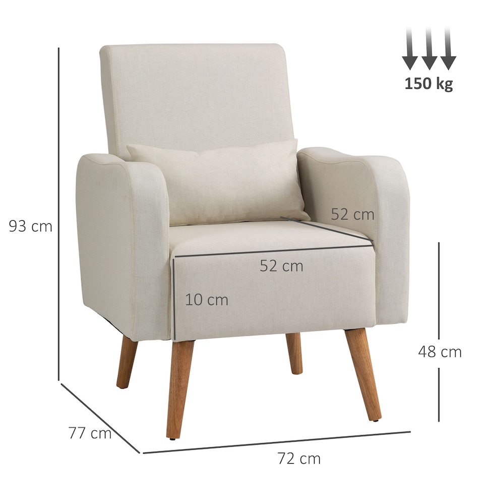image 1 of HOMCOM Accent Chair, Linen-Touch Armchair with Pillow, Upholstered Leisure Lounge Sofa for Living Room, Club Chair with Rubber Wooden Frame, Cream