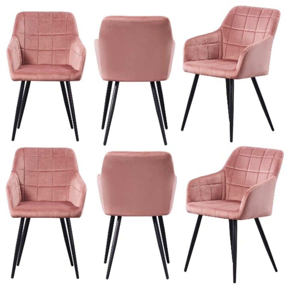 image 1 of Set of 6 Camden Modern Velvet Dining Chairs with Armrests, Quilted Design & Black Metal Legs Pink