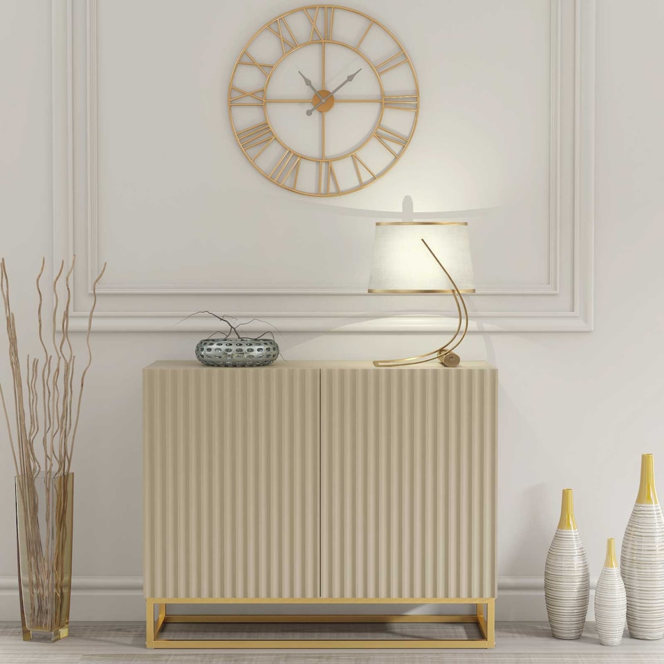 image 1 of Sideboard Cabinet Storage Cupboard Fluted Doors Cashmere Matt Gold Metal Legs Living Dining Room Hallway Furniture 100cm