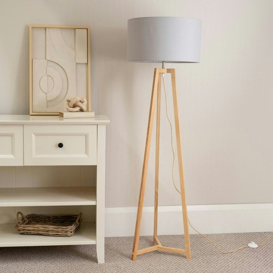 image 1 of ValueLights Lottie Oak Wooden Free Standing Tripod Floor Lamp Base