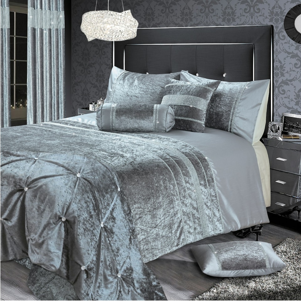 image 1 of Intimates Rienzo Crushed Velvet Diamante Duvet Cover & Pillowcase Set Silver | Silver | Single