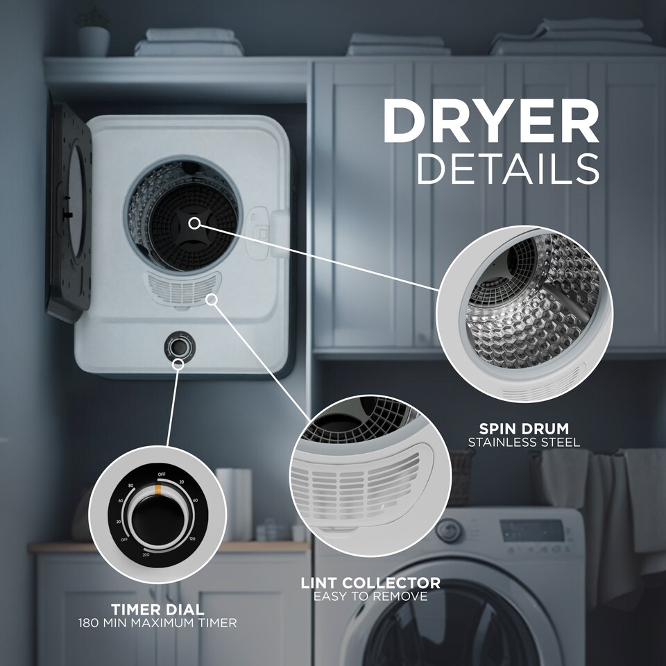 image 1 of DMD 3kg Mini Compact Vented Tumble Dryer, 3 Temperature Settings, Countertop or Wall Mounted, 180mins Timer, Stainless Steel Tub