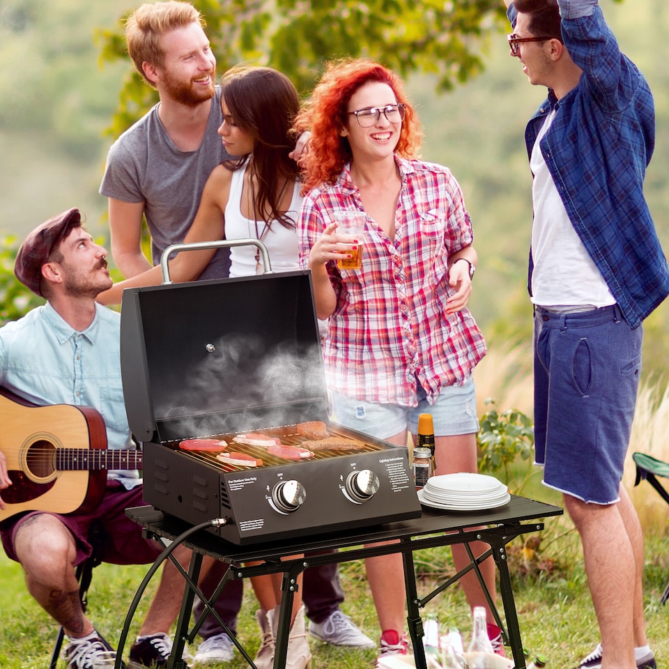 image 1 of Outsunny 2 Burner Gas BBQ Grill, 5.8 kW Outdoor Portable Folding Tabletop Barbecue w/Lid, Thermometer, Carbon Steel, Black